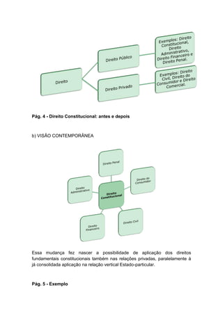 Pág. 4 - Direito Constitucional: antes e depois
b) VISÃO CONTEMPORÂNEA
Essa mudança fez nascer a possibilidade de aplicação dos direitos
fundamentais constitucionais também nas relações privadas, paralelamente à
já consolidada aplicação na relação vertical Estado-particular.
Pág. 5 - Exemplo
 
