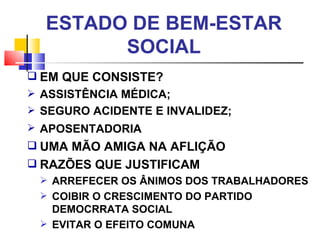 ESTADO DE BEM-ESTAR SOCIAL EM QUE CONSISTE?  ASSISTÊNCIA MÉDICA;  SEGURO ACIDENTE E INVALIDEZ; APOSENTADORIA   UMA MÃO AMIGA NA AFLIÇÃO RAZÕES QUE JUSTIFICAM ARREFECER OS ÂNIMOS DOS TRABALHADORES COIBIR O CRESCIMENTO DO PARTIDO DEMOCRRATA SOCIAL EVITAR O EFEITO COMUNA 