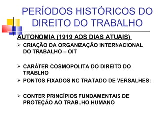 AUTONOMIA (1919 AOS DIAS ATUAIS)  CRIAÇÃO DA ORGANIZAÇÃO INTERNACIONAL DO TRABALHO – OIT CARÁTER COSMOPOLITA DO DIREITO DO TRABLHO PONTOS FIXADOS NO TRATADO DE VERSALHES: CONTER PRINCÍPIOS FUNDAMENTAIS DE PROTEÇÃO AO TRABLHO HUMANO PERÍODOS HISTÓRICOS DO DIREITO DO TRABALHO 