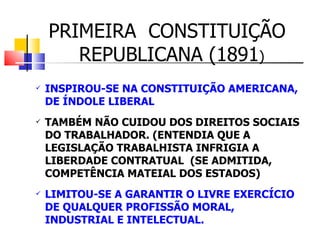 PRIMEIRA  CONSTITUIÇÃO REPUBLICANA (1891 ) INSPIROU-SE NA CONSTITUIÇÃO AMERICANA, DE ÍNDOLE LIBERAL TAMBÉM NÃO CUIDOU DOS DIREITOS SOCIAIS DO TRABALHADOR. (ENTENDIA QUE A LEGISLAÇÃO TRABALHISTA INFRIGIA A LIBERDADE CONTRATUAL  (SE ADMITIDA, COMPETÊNCIA MATEIAL DOS ESTADOS)  LIMITOU-SE A GARANTIR O LIVRE EXERCÍCIO DE QUALQUER PROFISSÃO MORAL, INDUSTRIAL E INTELECTUAL. 
