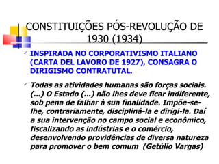 CONSTITUIÇÕES PÓS-REVOLUÇÃO DE 1930 (1934) INSPIRADA NO CORPORATIVISMO ITALIANO (CARTA DEL LAVORO DE 1927), CONSAGRA O DIRIGISMO CONTRATUTAL. Todas as atividades humanas são forças sociais. (...) O Estado (...) não lhes deve ficar indiferente, sob pena de falhar à sua finalidade. Impõe-se-lhe, contrariamente, discipliná-la e dirigi-la. Daí a sua intervenção no campo social e econômico, fiscalizando as indústrias e o comércio, desenvolvendo providências de diversa natureza para promover o bem comum  (Getúlio Vargas)  