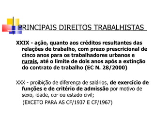 PRINCIPAIS DIREITOS TRABALHISTAS XXIX - ação, quanto aos créditos resultantes das relações de trabalho, com prazo prescricional de cinco anos para os trabalhadores urbanos e  rurais , até o limite de dois anos após a extinção do contrato de trabalho (EC N. 28/2000) XXX - proibição de diferença de salários,  de exercício de funções e de critério de admissão  por motivo de sexo, idade, cor ou estado civil;  (EXCETO PARA AS CF/1937 E CF/1967) 