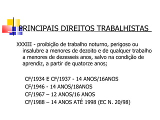 PRINCIPAIS DIREITOS TRABALHISTAS XXXIII - proibição de trabalho noturno, perigoso ou insalubre a menores de dezoito e de qualquer trabalho a menores de dezesseis anos, salvo na condição de aprendiz, a partir de quatorze anos;  CF/1934 E CF/1937 - 14 ANOS/16ANOS CF/1946 - 14 ANOS/18ANOS CF/1967 – 12 ANOS/16 ANOS CF/1988 – 14 ANOS ATÉ 1998 (EC N. 20/98) 