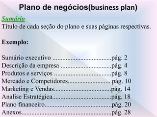 Sumário
Título de cada seção do plano e suas páginas respectivas.
Exemplo:
Sumário executivo ....................................pág. 2
Descrição da empresa ...............................pág. 4
Produtos e serviços ...................................pág. 8
Mercado e Competidores.......................... pág. 10
Marketing e Vendas...................................pág. 14
Analise Estratégica....................................pág. 18
Plano financeiro.........................................pág. 20
Anexos.......................................................pág. 28
Plano de negócios(business plan)
 