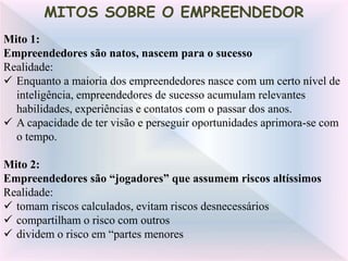 Mito 1:
Empreendedores são natos, nascem para o sucesso
Realidade:
 Enquanto a maioria dos empreendedores nasce com um certo nível de
inteligência, empreendedores de sucesso acumulam relevantes
habilidades, experiências e contatos com o passar dos anos.
 A capacidade de ter visão e perseguir oportunidades aprimora-se com
o tempo.
Mito 2:
Empreendedores são “jogadores” que assumem riscos altíssimos
Realidade:
 tomam riscos calculados, evitam riscos desnecessários
 compartilham o risco com outros
 dividem o risco em “partes menores
MITOS SOBRE O EMPREENDEDOR
 