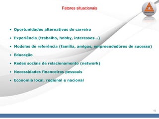 42
Fatores situacionais
• Oportunidades alternativas de carreira
• Experiência (trabalho, hobby, interesses…)
• Modelos de referência (família, amigos, empreendedores de sucesso)
• Educação
• Redes sociais de relacionamento (network)
• Necessidades financeiras pessoais
• Economia local, regional e nacional
 