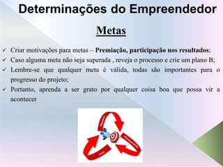 Metas
 Criar motivações para metas – Premiação, participação nos resultados;
 Caso alguma meta não seja superada , reveja o processo e crie um plano B;
 Lembre-se que qualquer meta é válida, todas são importantes para o
progresso do projeto;
 Portanto, aprenda a ser grato por qualquer coisa boa que possa vir a
acontecer
Determinações do Empreendedor
 