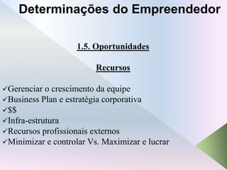 1.5. Oportunidades
Recursos
Gerenciar o crescimento da equipe
Business Plan e estratégia corporativa
$$
Infra-estrutura
Recursos profissionais externos
Minimizar e controlar Vs. Maximizar e lucrar
Determinações do Empreendedor
 