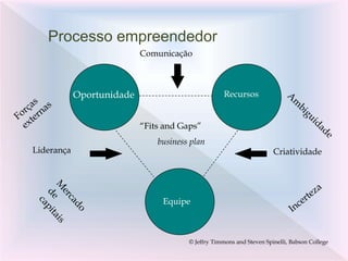 Processo empreendedor
Recursos
Equipe
Oportunidade
Criatividade
Liderança
Comunicação
“Fits and Gaps”
business plan
© Jeffry Timmons and Steven Spinelli, Babson College
 