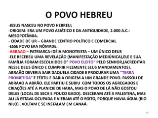 O POVO HEBREU
36
-JESUS NASCEU NO POVO HEBREU;
-ORIGEM: ERA UM POVO ASIÁTICO E DA ANTIGUIDADE, 2.000 A.C.-
MESOPOTÂMIA.
- CIDADE DE UR – GRANDE CENTRO POLÍTICO E COMERCIAL
-ESSE POVO ERA NÔMADE.
-ABRAAO – PATRIARCA-IDÉIA MONOTEISTA – UM ÚNICO DEUS
-ELE RECEBEU UMA REVELAÇÃO (MANIFESTAÇÃO MEDIÚNICA),ELE E SUA
FAMÍLIA FORAM ESCOLHIDOS O” POVO ELEITO” PELO SENHOR,(ACREDITAR
NESSE DEUS ÚNICO E CUMPRIR FIELMENTE SEUS MANDAMENTOS).
ABRAÃO DEVERIA SAIR DAQUELA CIDADE E PROCURAR UMA “TERRA
PROMETIDA” E FÉRTIL E DARIA ORIGEM A UM GRANDE POVO. PASSOU DE
ABRAAO A ABRÃO. ELE PARTIU E SUBIU COM TODOS OS AGREGADOS E
CRIAÇÕES ATÉ A PLANICIE DE HARA, MAS O POVO DE LÁ NÃO GOSTOU
DELES (LOCAL DE SECA E POUCO GADO). DESCERAM ATÉ A PALESTINA, MAS
ALI JÁ ESTAVA OCUPADA E VIERAM ATÉ O EGITO, PORQUE HAVIA ÁGUA (RIO
NILO) , VOLTAM E SE INSTALAM EM CANAÃ.
 