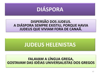 DIÁSPORA
47
DISPERSÃO DOS JUDEUS.
A DIÁSPORA SEMPRE EXISTIU, PORQUE HAVIA
JUDEUS QUE VIVIAM FORA DE CANAÃ.
JUDEUS HELENISTAS
FALAVAM A LÍNGUA GREGA,
GOSTAVAM DAS IDÉIAS UNIVERSALISTAS DOS GREGOS
 