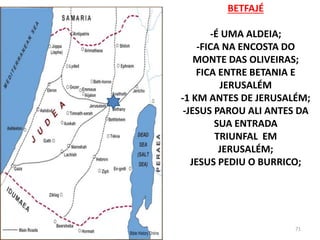 BETFAJÉ
-É UMA ALDEIA;
-FICA NA ENCOSTA DO
MONTE DAS OLIVEIRAS;
FICA ENTRE BETANIA E
JERUSALÉM
-1 KM ANTES DE JERUSALÉM;
-JESUS PAROU ALI ANTES DA
SUA ENTRADA
TRIUNFAL EM
JERUSALÉM;
JESUS PEDIU O BURRICO;
71
 
