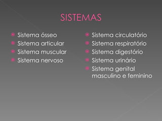  Sistema ósseo          Sistema circulatório
 Sistema articular      Sistema respiratório
 Sistema muscular       Sistema digestório
 Sistema nervoso        Sistema urinário
                         Sistema genital
                          masculino e feminino
 