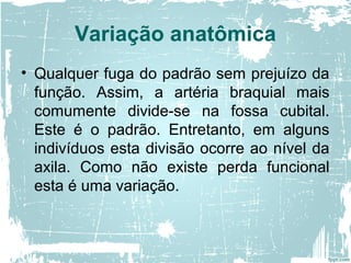 Variação anatômica
• Qualquer fuga do padrão sem prejuízo da
função. Assim, a artéria braquial mais
comumente divide-se na fossa cubital.
Este é o padrão. Entretanto, em alguns
indivíduos esta divisão ocorre ao nível da
axila. Como não existe perda funcional
esta é uma variação.
 