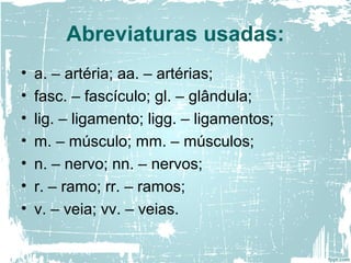 Abreviaturas usadas:
• a. – artéria; aa. – artérias;
• fasc. – fascículo; gl. – glândula;
• lig. – ligamento; ligg. – ligamentos;
• m. – músculo; mm. – músculos;
• n. – nervo; nn. – nervos;
• r. – ramo; rr. – ramos;
• v. – veia; vv. – veias.
 