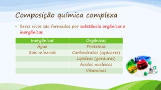 Composição química complexa
• Seres vivos são formados por substância orgânicas e
inorgânicas
Inorgânicas Orgânicas
Água Proteínas
Sais minerais Carboidratos (açúcares)
Lipídeos (gorduras)
Ácidos nucleicos
Vitaminas
 