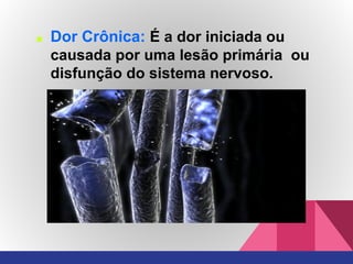 ■ Dor Crônica: É a dor iniciada ou
causada por uma lesão primária ou
disfunção do sistema nervoso.
 