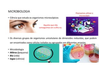 MICROBIOLOGIA
• Ciência que estuda os organismos microscópicos
• Os diversos grupos de organismos unicelulares de dimensões reduzidas, que podem
ser encontrados como células isoladas ou agrupadas em diferentes arranjos
• Microbiologia
• Mikros (pequeno)
• Bio (vida)
• logos (ciência)
Aqueles que não
conseguimos ver a olho nu.
Precisamos utilizar o
microscópio
 