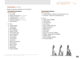 Autor: Marcos Oliveira – Todos os direitos estão em processo de registro na Biblioteca Nacional.
A venda deste material é proibida. Impressão é permitida.
_141
Violoncelistas (resumo)
Relação de intérpretes significativos do Violoncelo.
Violoncelistas estrangeiros
EM DESTAQUE:
• Yo-Yo Ma
• Mstilav Rostropovich (em memória)
• Jacqueline du Pré (em memória)
• Luigi Boccherini (em memória)
• Guilhermina Suggia (em memória)
• Ernst Reijseger
OUTROS:
• Antonio Janigro
• Alfredo Piatti
• David Popper
• Enrico Mainardi
• Gaspar Cassadó
• Giovanni Ricciardi
• Gregor Piatgorsky
• Jean L. Duport
• Leonard Rose
• Louis Feillard
• Lin Harrrel
• Massino Anfitheatrof
• Micha Maysk
• Pierre Fournier
• Pablo Casals
• Rudolf Matz
• Zigmunt Kuballa
Violoncelistas brasileiros
EM DESTAQUE:
• Antônio Meneses - http://www.antoniomeneses.com
• Alceu Reis - http://www.quartetoraga.com
OUTROS:
• Adriana Holtz (OSESP)
• Alberto Kanji
• Alexandre Diel
• Liana Pereira
• Marco Antônio Guimarães
• Marjana Rutkowski
• Milene Aliverti
• Milton Bock
• Pedro Huff
• Regina Vasconcellos (OSESP)
• Rodrigo Andrade Silveira (OSESP)
• Rodrigo Alquati
• Wilson Sampaio (OSESP)
• Wenceslau Moreira
 