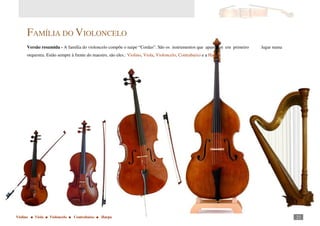 Autor: Marcos Oliveira – Todos os direitos estão em processo de registro na Biblioteca Nacional.
A venda deste material é proibida. Impressão é permitida.
_221
FAMÍLIA DO VIOLONCELO
Versão resumida - A família do violoncelo compõe o naipe “Cordas”. São os instrumentos que aparecem em primeiro lugar numa
orquestra. Estão sempre à frente do maestro, são eles.: Violino, Viola, Violoncelo, Contrabaixo e a Harpa.
Violino ■ Viola ■ Violoncelo ■ Contrabaixo ■ Harpa
 