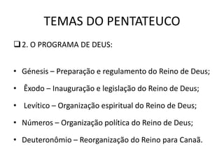 TEMAS DO PENTATEUCO
2. O PROGRAMA DE DEUS:
• Génesis – Preparação e regulamento do Reino de Deus;
• Êxodo – Inauguração e legislação do Reino de Deus;
• Levítico – Organização espiritual do Reino de Deus;
• Números – Organização política do Reino de Deus;
• Deuteronômio – Reorganização do Reino para Canaã.
 