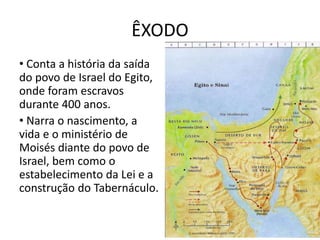 ÊXODO
• Conta a história da saída
do povo de Israel do Egito,
onde foram escravos
durante 400 anos.
• Narra o nascimento, a
vida e o ministério de
Moisés diante do povo de
Israel, bem como o
estabelecimento da Lei e a
construção do Tabernáculo.
 