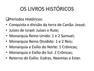 OS LIVROS HISTÓRICOS
Períodos Históricos:
• Conquista e divisão da terra de Canãa: Josué;
• Juízes de Israel: Juízes e Rute;
• Monarquia Reino Unido: 1 e 2 Samuel;
• Monarquia Reino Dividido: 1 e 2 Reis;
• Monarquia e Exilio do Norte: 1 Crônicas;
• Monarquia e Exilio do Sul: 2 Crônicas;
• Retorno do Exilio: Esdras, Neemias e Ester.
 