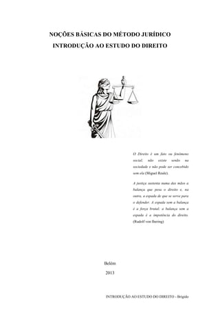 INTRODUÇÃO AO ESTUDO DO DIREITO - Brígido
NOÇÕES BÁSICAS DO MÉTODO JURÍDICO
INTRODUÇÃO AO ESTUDO DO DIREITO
O Direito é um fato ou fenômeno
social; não existe senão na
sociedade e não pode ser concebido
sem ela (Miguel Reale).
A justiça sustenta numa das mãos a
balança que pesa o direito e, na
outra, a espada de que se serve para
o defender. A espada sem a balança
é a força brutal; a balança sem a
espada é a impotência do direito.
(Rudolf von Ihering)
Belém
2013
 