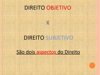 DIREITO OBJETIVO
X
DIREITO SUBJETIVO
São dois aspectos do Direito
 