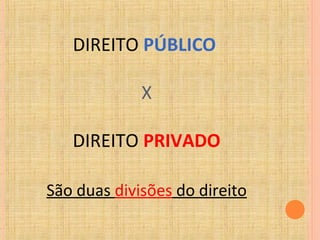 DIREITO PÚBLICO
X
DIREITO PRIVADO
São duas divisões do direito
 