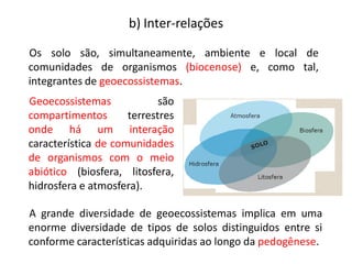 Os solo são, simultaneamente, ambiente e local de
comunidades de organismos (biocenose) e, como tal,
integrantes de geoecossistemas.
Geoecossistemas são
compartimentos terrestres
onde há um interação
característica de comunidades
de organismos com o meio
abiótico (biosfera, litosfera,
hidrosfera e atmosfera).
A grande diversidade de geoecossistemas implica em uma
enorme diversidade de tipos de solos distinguidos entre si
conforme características adquiridas ao longo da pedogênese.
b) Inter-relações
 