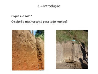 O que é o solo?
O solo é a mesma coisa para todo mundo?
1 – Introdução
 