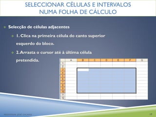 SELECCIONAR CÉLULAS E INTERVALOS
                    NUMA FOLHA DE CÁLCULO

   Selecção de células adjacentes

        1. Clica na primeira célula do canto superior
         esquerdo do bloco.

        2. Arrasta o cursor até à última célula
         pretendida.




PROFESSOR JOSÉ CALADO                                    17
 