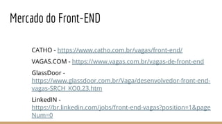 Mercado do Front-END
CATHO - https://www.catho.com.br/vagas/front-end/
VAGAS.COM - https://www.vagas.com.br/vagas-de-front-end
GlassDoor -
https://www.glassdoor.com.br/Vaga/desenvolvedor-front-end-
vagas-SRCH_KO0,23.htm
LinkedIN -
https://br.linkedin.com/jobs/front-end-vagas?position=1&page
Num=0
 