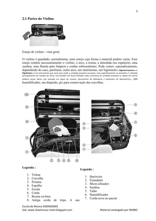 3

2.1 Partes do Violino




Estojo de violino : vista geral.

O violino é guardado, normalmente, num estojo cuja forma e material podem variar. Esse
estojo contém necessariamente o violino, o arco, a resina, a almofada (ou espaleira), uma
surdina, uma flanela para limpeza e cordas sobressalentes. Pode conter, esporadicamente,
dependendo do caso, partituras, outro arco, um metrónomo, um higrómetro (Higrotermómetro ou
Higrômetro, é um instrumento que serve para medir a umidade presente nos gases, mais especificamente na atmosfera. É utilizado
principalmente em estudos do clima, mas também em locais fechados onde a presença de umidade excessiva ou abaixo do normal
poderia causar danos, por exemplo em peças de museus, documentos de bibliotecas e elementos de laboratórios).,           um
humidificador, um diapasão, giz para conservação das cravelhas.




Legenda :
                                                               Legenda :
     1.   Voluta
                                                                    1.   Queixeira
     2.   Cravelha
                                                                    2.   Estandarte
     3.   Pestana
                                                                    3.   Micro afinador:
     4.   Espelho
                                                                    4.   Surdina
     5.   Escala
                                                                    5.   Talão
     6.   Corda
                                                                    6.   Humidificador
     7.   Resina ou breu
                                                                    7.   Corda nova no pacote
     8.   Antiga corda            de     tripa.    A     sua
Escola de Música XXXXXXXXXX
Site: www.sheetmusic-violin.blogspot.com                                             Material catalogado por WMBO
 
