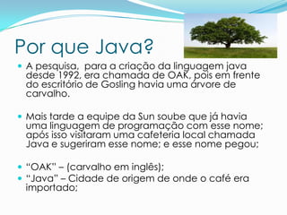 Por que Java?
 A pesquisa, para a criação da linguagem java
 desde 1992, era chamada de OAK, pois em frente
 do escritório de Gosling havia uma árvore de
 carvalho.

 Mais tarde a equipe da Sun soube que já havia
 uma linguagem de programação com esse nome;
 após isso visitaram uma cafeteria local chamada
 Java e sugeriram esse nome; e esse nome pegou;

 “OAK” – (carvalho em inglês);
 “Java” – Cidade de origem de onde o café era
 importado;
 