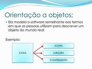 Orientação a objetos;
 Ela modela o software semelhante aos termos
 em que as pessoas utilizam para descrever um
 objeto do mundo real;

Exemplo:
                            ALTURA


       CAIXA               LARGURA


                         COMPRIMENTO
 