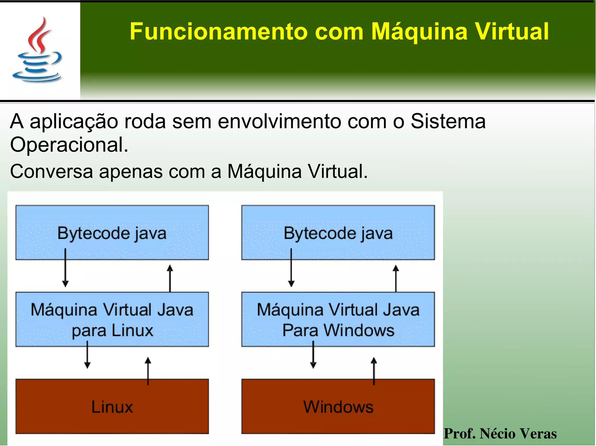 Funcionamento com Máquina Virtual


A aplicação roda sem envolvimento com o Sistema
Operacional.
Conversa apenas com a Máquina Virtual.




                                          Prof. Nécio Veras
 