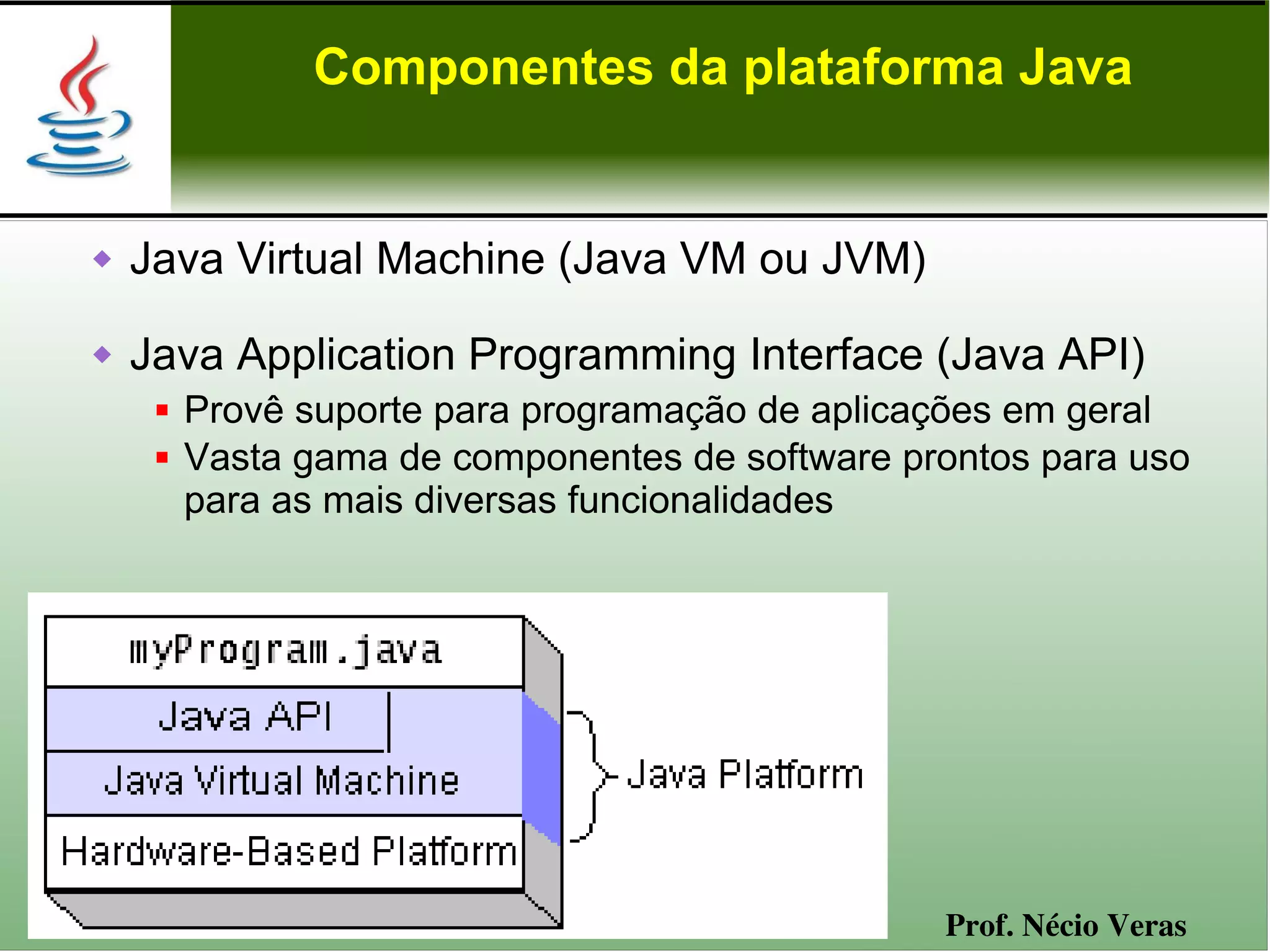 Componentes da plataforma Java


   Java Virtual Machine (Java VM ou JVM)

   Java Application Programming Interface (Java API)
        Provê suporte para programação de aplicações em geral
        Vasta gama de componentes de software prontos para uso
         para as mais diversas funcionalidades




                                                 Prof. Nécio Veras
 