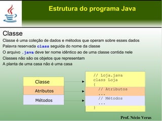 Estrutura do programa Java


Classe
Classe é uma coleção de dados e métodos que operam sobre esses dados
Palavra reservada class seguida do nome da classe
O arquivo .java deve ter nome idêntico ao de uma classe contida nele
Classes não são os objetos que representam
A planta de uma casa não é uma casa

                                             // Loja.java
                                             class Loja
                Classe                       {
                                               // Atributos
                Atributos
                                               ...
                                               // Métodos
                Métodos
                                               ...
                                             }

                                                          Prof. Nécio Veras
 