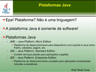 Plataformas Java


➔   Epa! Plataforma? Não é uma linguagem?

➔   A plataforma Java é somente de software!

➔   Plataformas Java
       JME – Java Platform, Micro Edition
            Plataforma de desenvolvimento para dispositivos com suporte à Java como
             Palms, celulares, pagers, etc.
       JSE – Java Platform, Standard Edition
            Contém serviços padrão para aplicações e applets.
       JEE – Java Platform, Enterprise Edition
            Plataforma de desenvolvimento completa para aplicações empresariais
             robustas e escaláveis.

                                                                 Prof. Nécio Veras
 