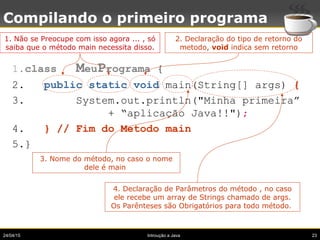 24/04/15 Introução a Java 23
Compilando o primeiro programa
1.class MeuPrograma {
2. public static void main(String[] args...