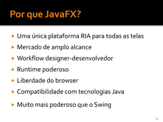    Uma única plataforma RIA para todas as telas
   Mercado de amplo alcance
   Workflow designer-desenvolvedor
   Runtime poderoso
   Liberdade do browser
   Compatibilidade com tecnologias Java
   Muito mais poderoso que o Swing
                                                   17
 