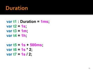 var t1 : Duration = 1ms;
var t2 = 1s;
var t3 = 1m;
var t4 = 1h;

var t5 = 1s + 500ms;
var t6 = 1s * 2;
var t7 = 1s / 2;


                           23
 