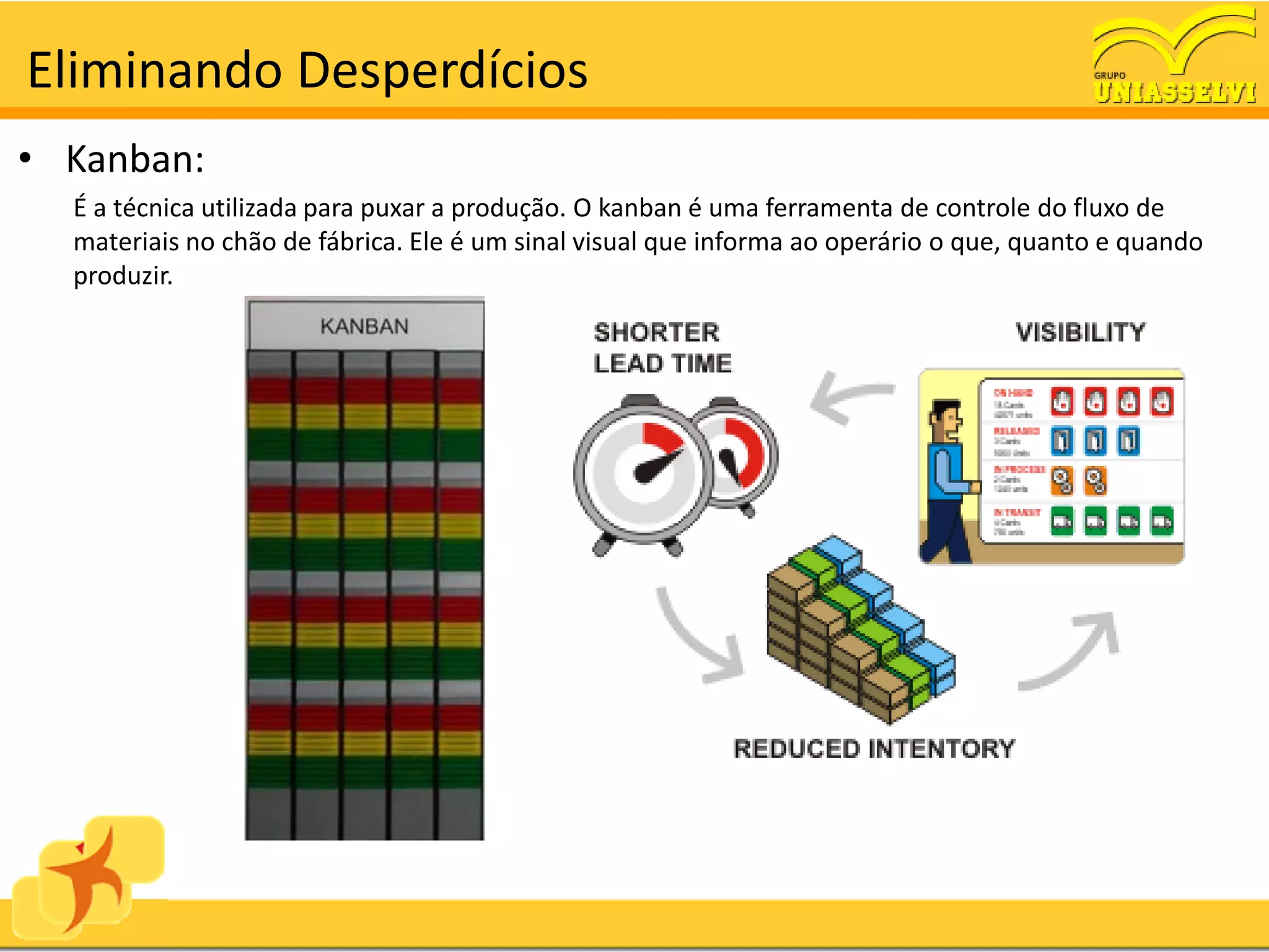 Eliminando Desperdícios
• Kanban:
  É a técnica utilizada para puxar a produção. O kanban é uma ferramenta de controle do fluxo de
  materiais no chão de fábrica. Ele é um sinal visual que informa ao operário o que, quanto e quando
  produzir.
 