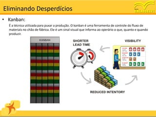 Eliminando Desperdícios
• Kanban:
  É a técnica utilizada para puxar a produção. O kanban é uma ferramenta de controle do fluxo de
  materiais no chão de fábrica. Ele é um sinal visual que informa ao operário o que, quanto e quando
  produzir.
 