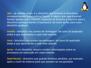 /dev - já referido antes, é o directório dos ficheiros e directórios 
correspondentes a dispositivos físicos. A ideia é que seja possível 
facilitar tarefas como imprimir, copiando os ficheiros a imprimir para o 
directório correspondente à impressora, tal como se faz para outro 
directório qualquer. 
/media - directório dos pontos de montagem, tal como foi explicado 
antes e que aprenderás a usar mais adiante. 
/mnt - directório dos pontos de montagem, tal como foi explicado 
antes e que aprenderás a usar mais adiante. 
/proc - é um directório virtual e contém informações sobre os 
processos em execução em cada instante. 
/lost+found - directório que guarda ficheiros perdidos, por exemplo, 
após o crash do sistema para que possam se recuperados 
 