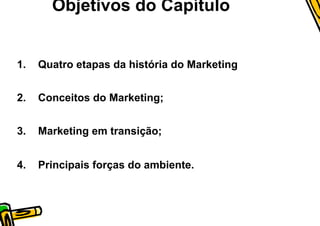 Objetivos do Capítulo


1.    Quatro etapas da história do Marketing


2.    Conceitos do Marketing;


3.    Marketing em transição;


4.    Principais forças do ambiente.
 