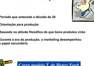 Era da Produção


Período que antecede a década de 20

Orientação para produção

Baseada na atitude filosófica de que bons produtos virão

Durante a era da produção, o marketing desempenhou
m papel secundário
 