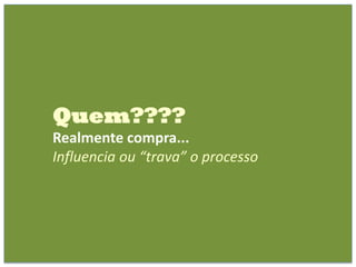 Quem????
Realmente compra...
Influencia ou “trava” o processo
 